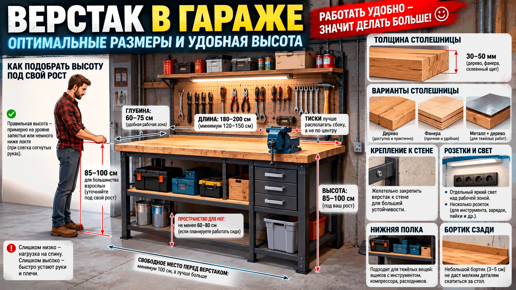 Как сделать удобный верстак в гараже – какая высота нужна, сколько места оставить и 10 ошибок