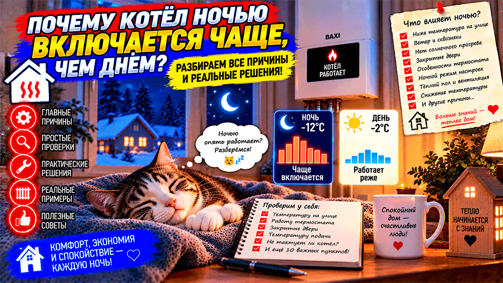 Почему котёл ночью включается чаще, чем днём – как мороз, ветер, термостат и закрытые двери меняют работу отопления Почему котёл ночью включается чаще, чем днём – как мороз, ветер, термостат и закрытые двери меняют работу отопления