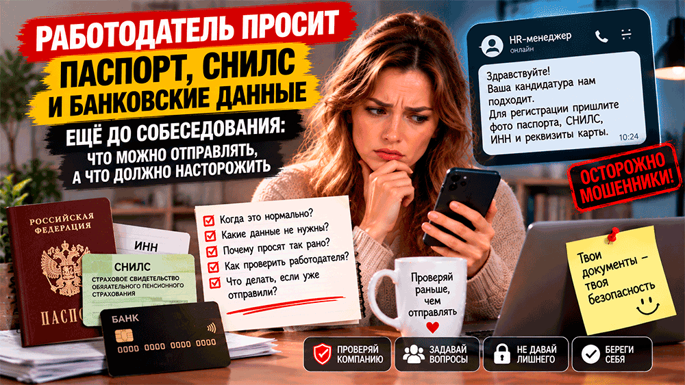 Работодатель просит паспорт, СНИЛС и банковские данные ещё до собеседования – что можно отправлять, а что должно насторожить Работодатель просит паспорт, СНИЛС и банковские данные ещё до собеседования – что можно отправлять, а что должно насторожить