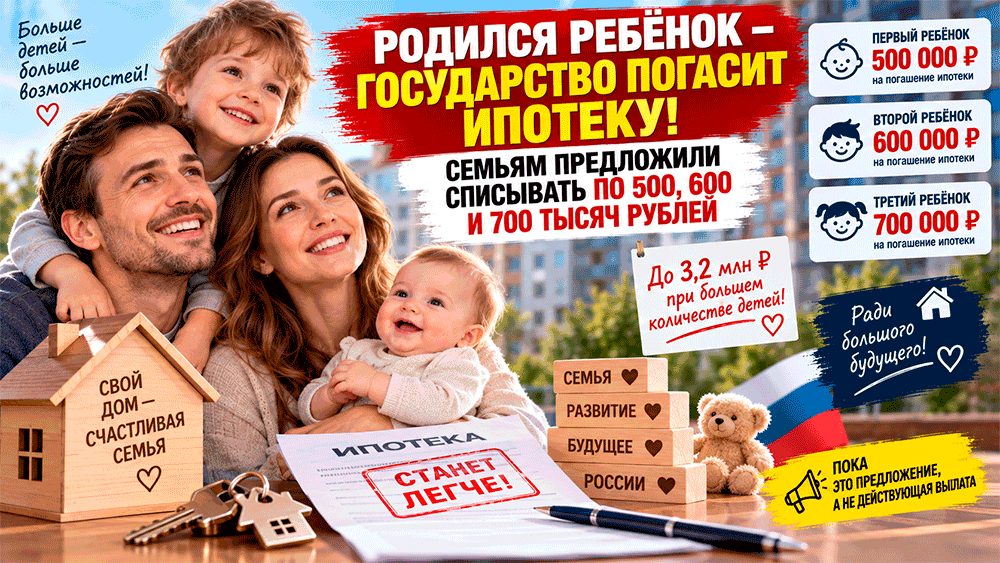 Родился ребёнок – государство погасит ипотеку семьям – предложили списывать по 500, 600 и 700 тысяч рублей