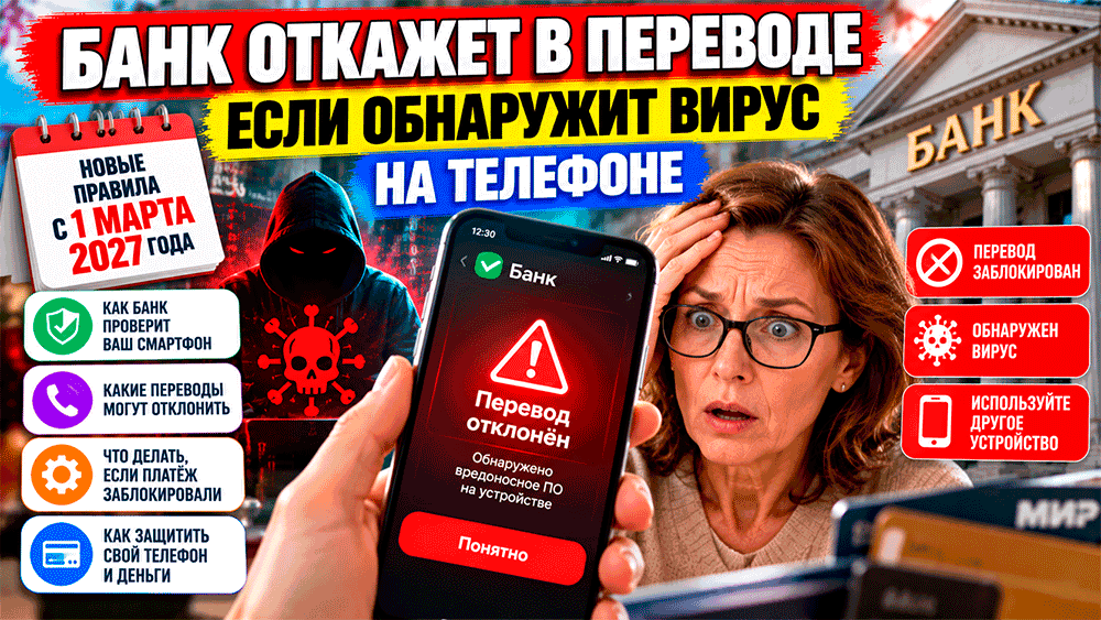 Банк откажет в переводе денег, если обнаружит вирус на телефоне – новые правила с 1 марта 2027 года – как проверят смартфон и что делать, если платёж заблокировали Банк откажет в переводе денег, если обнаружит вирус на телефоне – новые правила с 1 марта 2027 года – как проверят смартфон и что делать, если платёж заблокировали