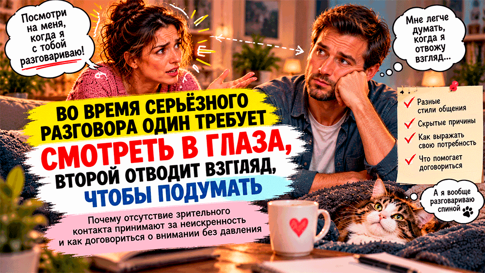 Во время серьёзного разговора один требует смотреть ему в глаза, второй отводит взгляд, чтобы подумать – почему отсутствие зрительного контакта принимают за неискренность