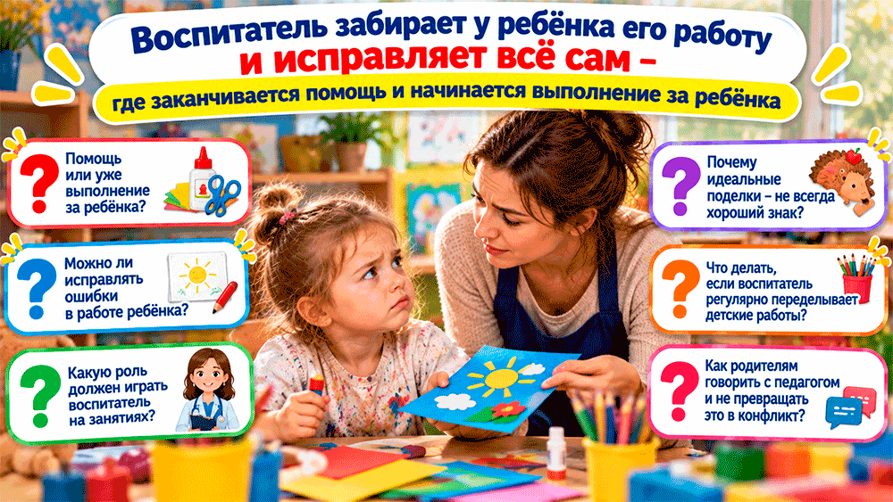 Воспитатель забирает у ребёнка его работу и исправляет всё сам – где заканчивается помощь и начинается выполнение за ребёнка Воспитатель забирает у ребёнка его работу и исправляет всё сам – где заканчивается помощь и начинается выполнение за ребёнка