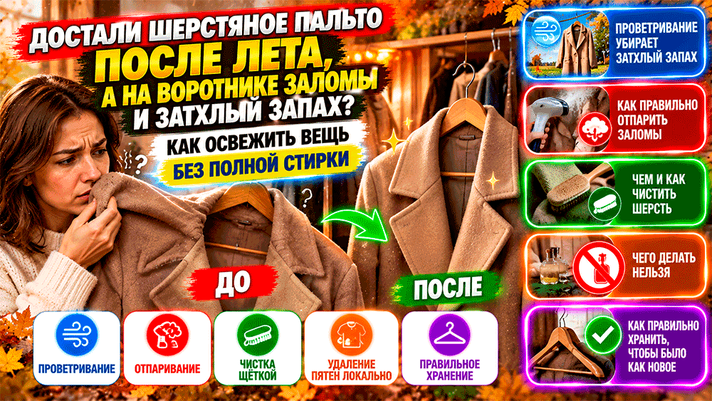 Достали шерстяное пальто после лета, а на воротнике заломы и затхлый запах – как освежить вещь без полной стирки Достали шерстяное пальто после лета, а на воротнике заломы и затхлый запах – как освежить вещь без полной стирки
