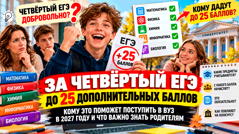 За четвёртый ЕГЭ предложили давать до 25 дополнительных баллов – кому это поможет поступить в вуз в 2027 году За четвёртый ЕГЭ предложили давать до 25 дополнительных баллов – кому это поможет поступить в вуз в 2027 году