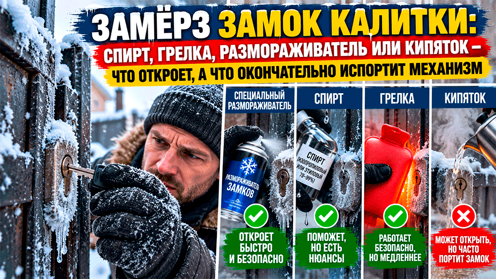 Замёрз замок калитки – спирт, грелка, размораживатель или кипяток – что откроет, а что окончательно испортит механизм? Замёрз замок калитки – спирт, грелка, размораживатель или кипяток – что откроет, а что окончательно испортит механизм?
