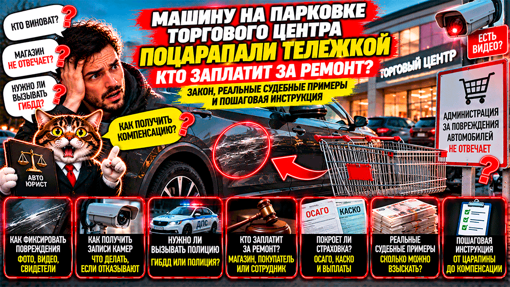 Машину на парковке торгового центра поцарапали тележкой – кто заплатит за ремонт и как взыскать ущерб? Машину на парковке торгового центра поцарапали тележкой – кто заплатит за ремонт и как взыскать ущерб?