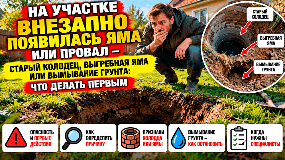 На участке внезапно появилась яма или провал – старый колодец, выгребная яма или вымывание грунта – что делать первым делом На участке внезапно появилась яма или провал – старый колодец, выгребная яма или вымывание грунта – что делать первым делом