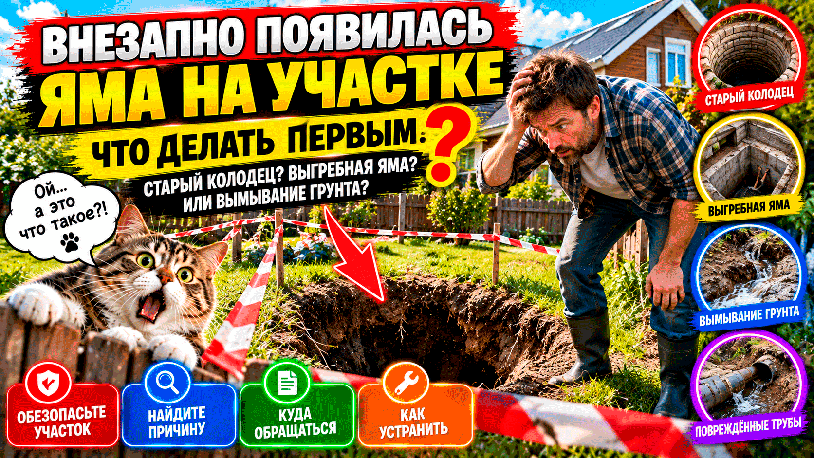 На участке внезапно появилась яма или провал – старый колодец, выгребная яма или вымывание грунта – что делать первым