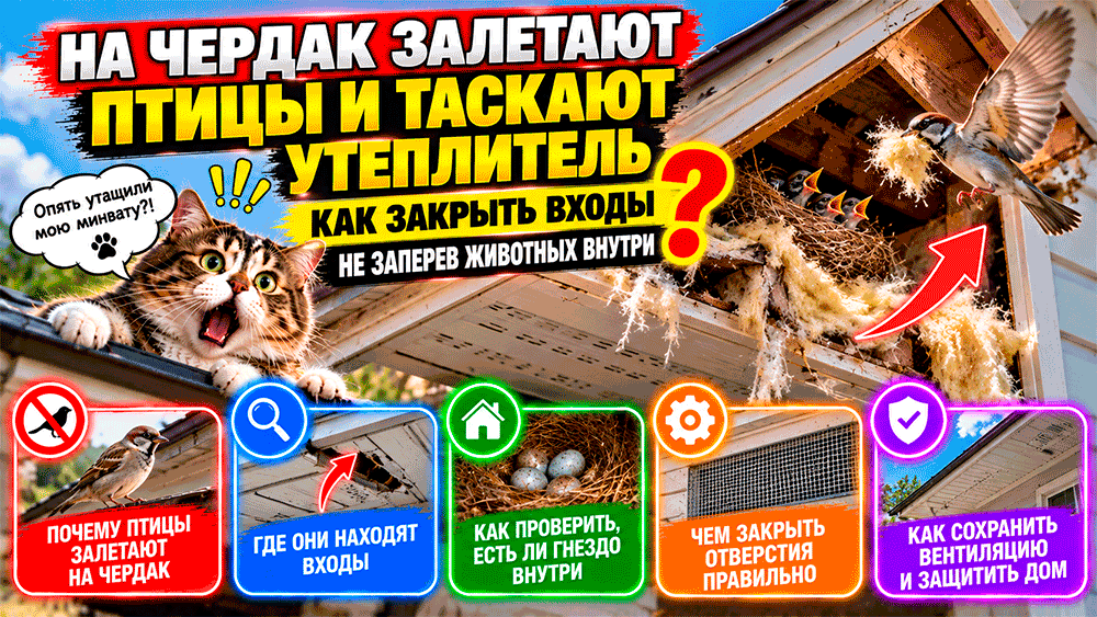 На чердак залетают птицы и таскают утеплитель – как закрыть входы, не заперев животных внутри