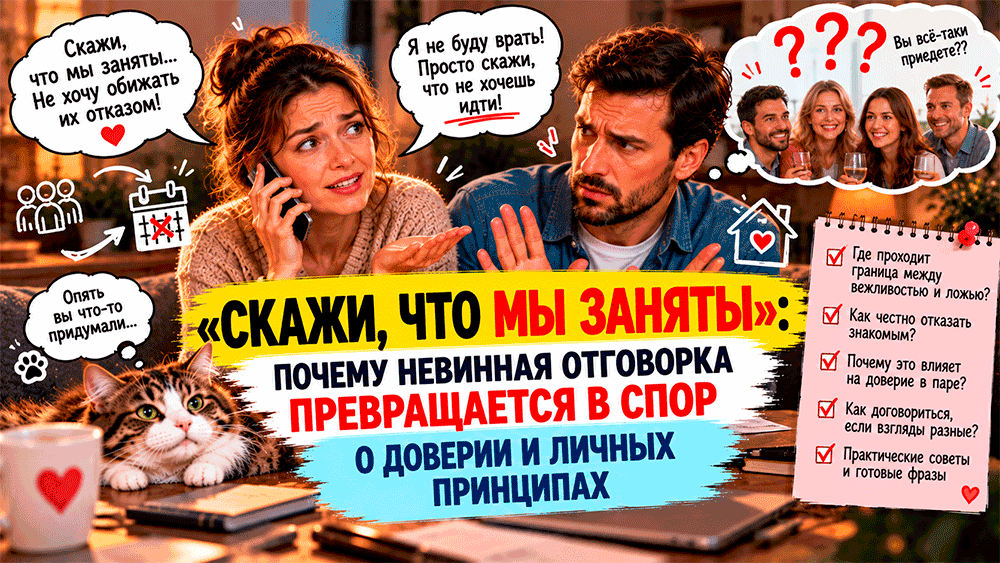 Один просит супруга поддержать маленькую ложь перед знакомыми – скажи, что мы заняты – почему невинная отговорка превращается в спор о доверии и личных принципах Один просит супруга поддержать маленькую ложь перед знакомыми – скажи, что мы заняты – почему невинная отговорка превращается в спор о доверии и личных принципах