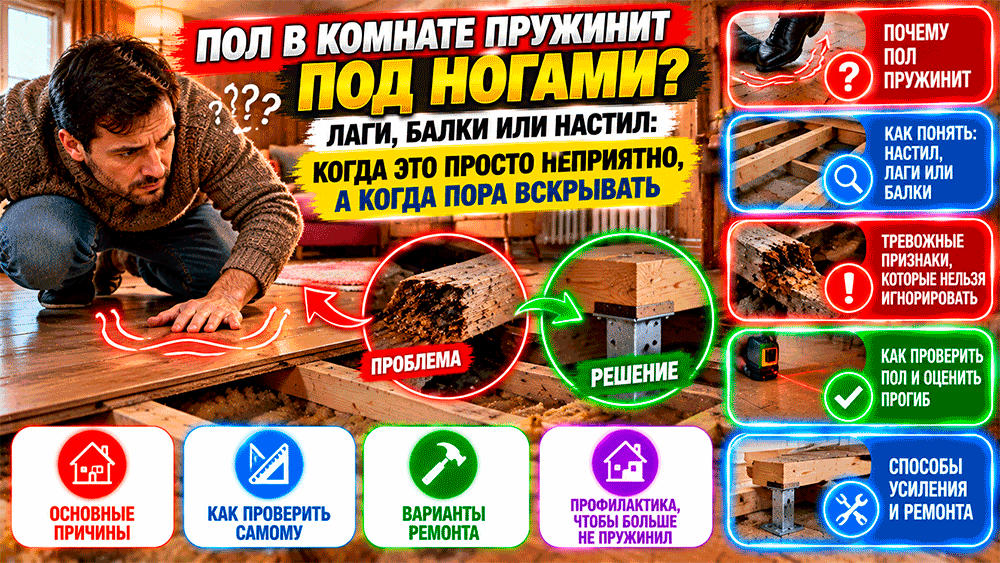 Пол в комнате заметно пружинит под ногами – лаги, балки или настил – когда это просто неприятно, а когда пора вскрывать Пол в комнате заметно пружинит под ногами – лаги, балки или настил – когда это просто неприятно, а когда пора вскрывать