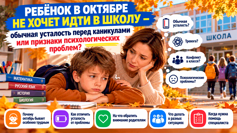 Ребёнок в октябре не хочет идти в школу – обычная усталость перед каникулами или признаки психологических проблем Ребёнок в октябре не хочет идти в школу – обычная усталость перед каникулами или признаки психологических проблем