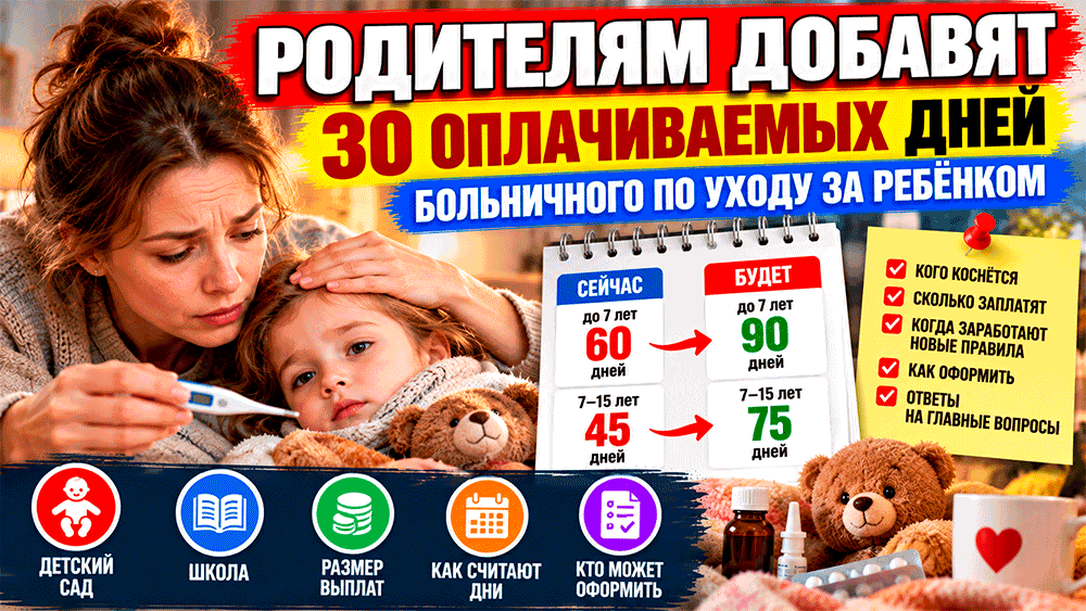 Родителям добавят 30 оплачиваемых дней больничного по уходу за ребёнком – кому увеличат лимит до 90 дней, сколько заплатят и когда заработают новые правила Родителям добавят 30 оплачиваемых дней больничного по уходу за ребёнком – кому увеличат лимит до 90 дней, сколько заплатят и когда заработают новые правила