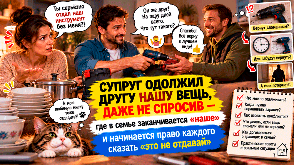 Супруг одолжил другу Ваш инструмент, посуду или другую общую вещь, даже не спросив – где в семье заканчивается «наше» и начинается право каждого сказать «это не отдавай» Супруг одолжил другу Ваш инструмент, посуду или другую общую вещь, даже не спросив – где в семье заканчивается «наше» и начинается право каждого сказать «это не отдавай»