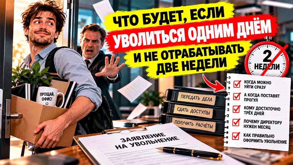 Что будет, если уволиться одним днём и не отрабатывать две недели – когда можно уйти сразу, а когда поставят прогул Что будет, если уволиться одним днём и не отрабатывать две недели – когда можно уйти сразу, а когда поставят прогул